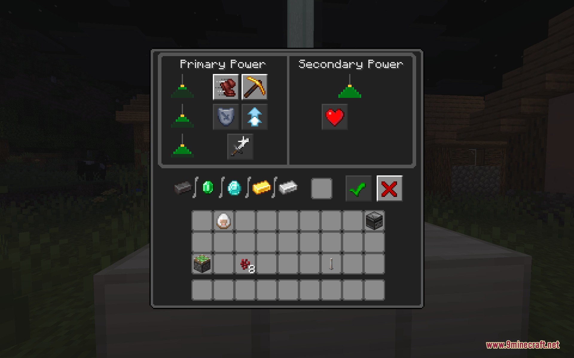 The beacon power selection screen featuring a modern dark UI theme in Minecraft