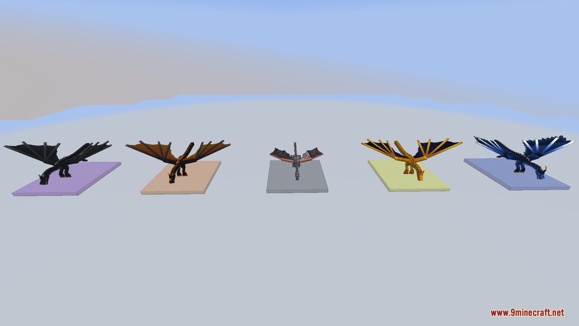 Modern Online Pack Resource Pack Screenshot 1 Five different colored dragon models standing on platforms in a flat world