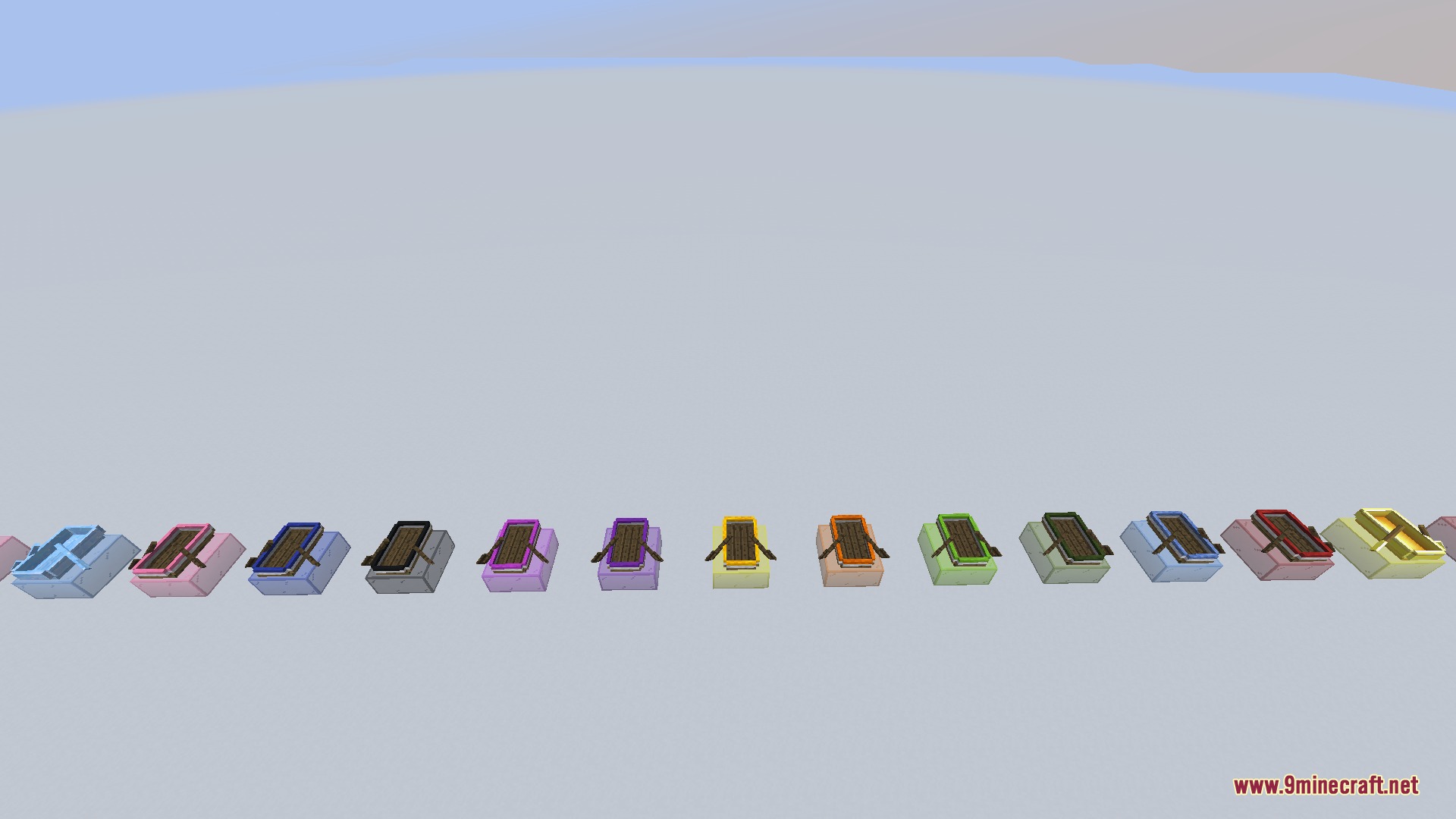 Modern Online Pack Resource Pack Screenshot 3 A long row of colorful custom boats displayed on matching colored blocks
