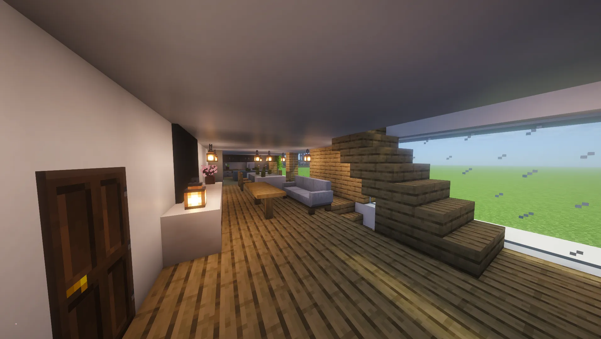 Modern Villa Schematic Screenshots 1 Interior of a modern house featuring wooden floors and a large glass window