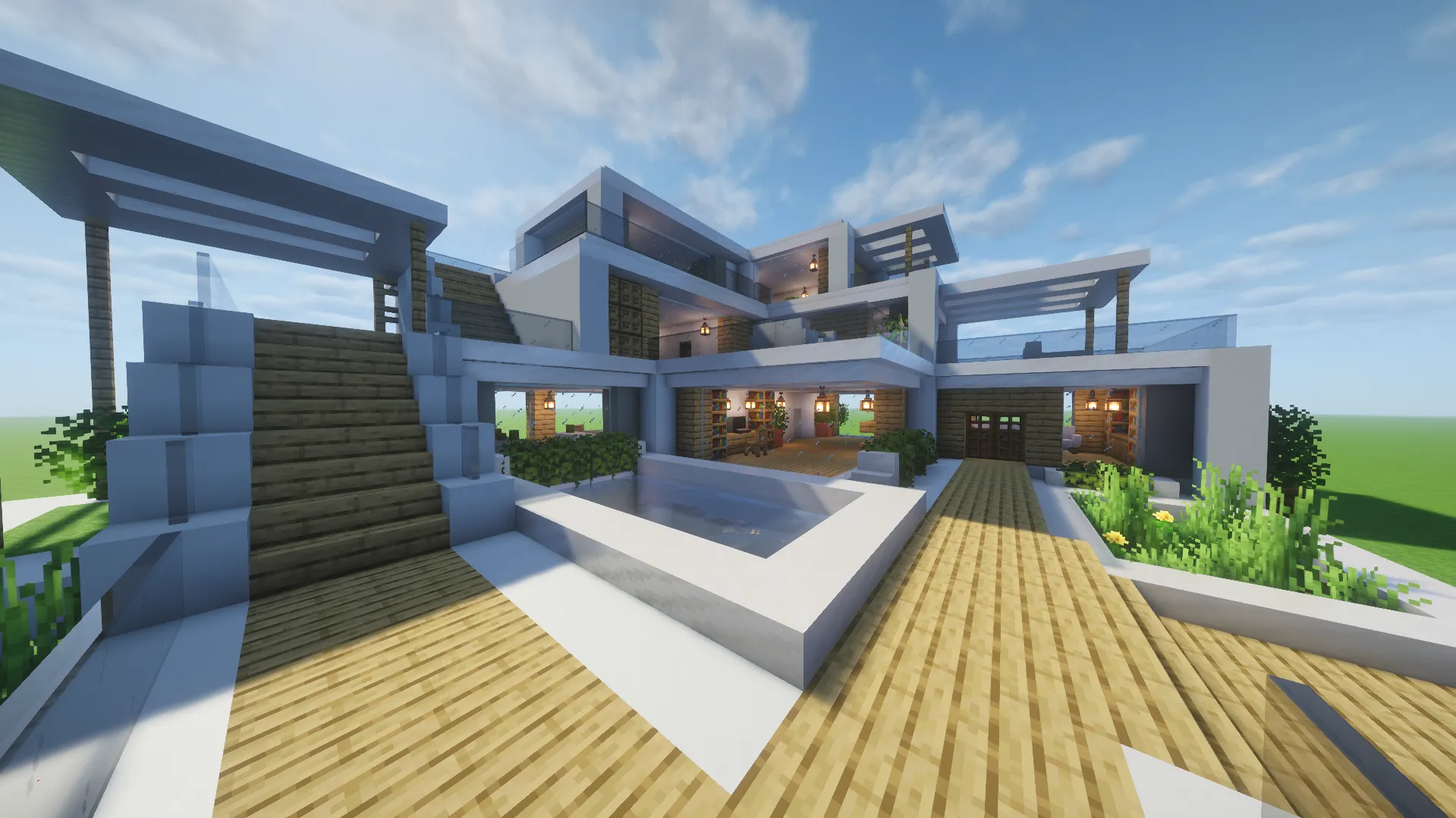 Modern Villa Schematic Screenshots 3 Exterior view of the Modern Villa Schematic with a pool and stairs