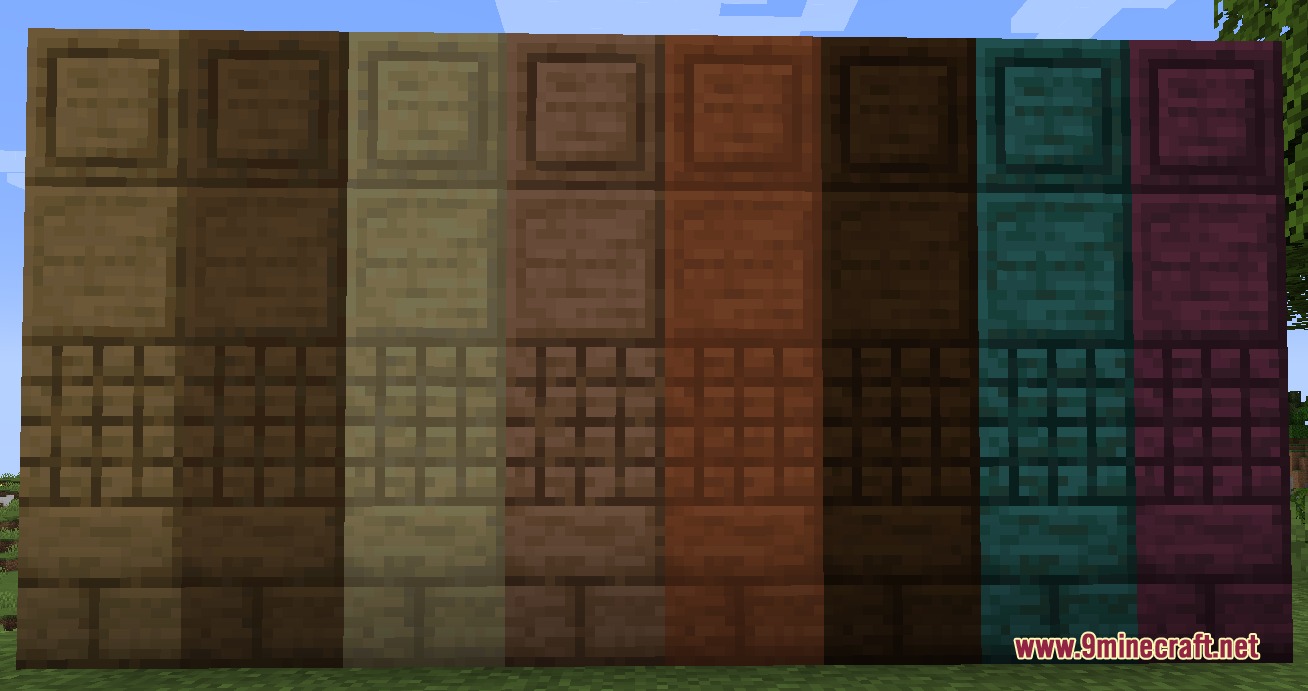 Modest Mining Mod Screenshot 3 Display of decorative wooden blocks with various textures in different wood colors
