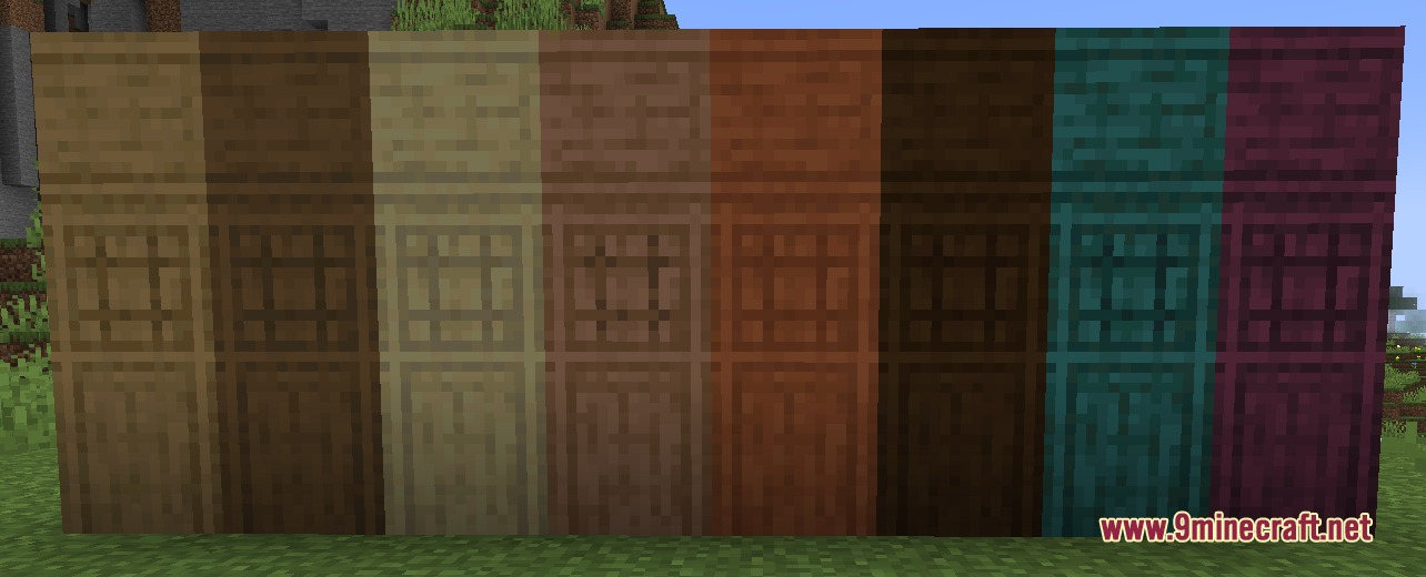 Modest Mining Mod Screenshot 4 Showcase of carved wooden blocks with different panel designs in Minecraft