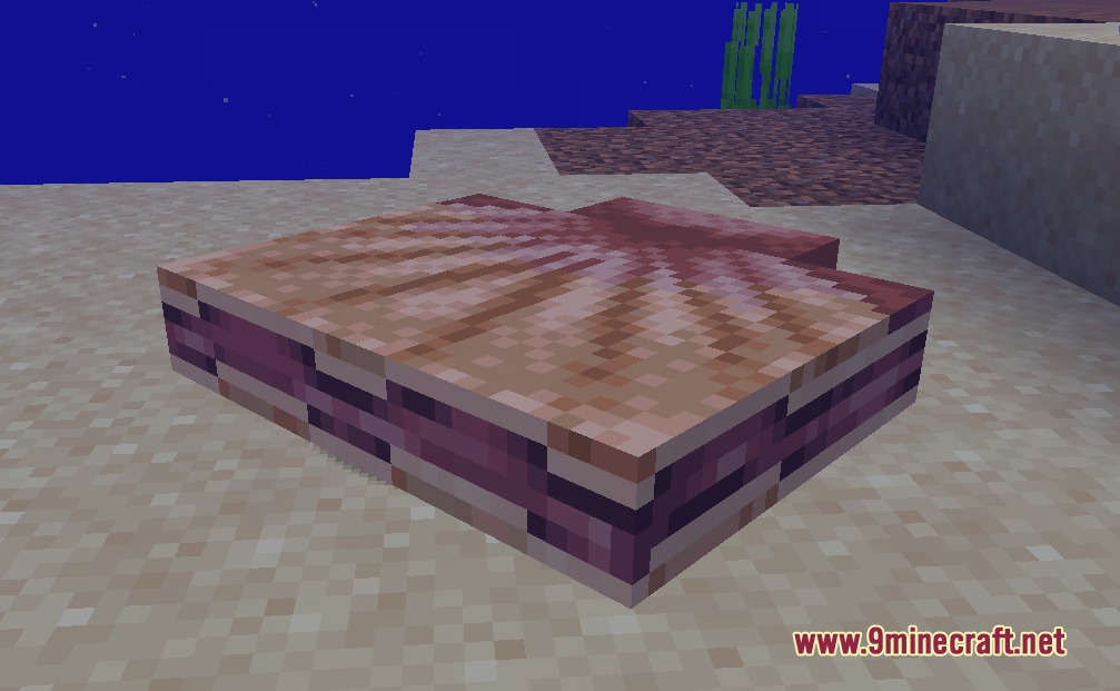 Modest Mining Mod Screenshot 5 A large decorative shell block resting on the sandy bottom of the ocean