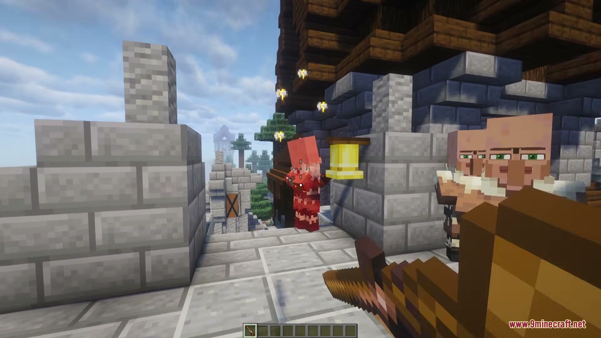 Modular Muskets Mod Screenshot 1 A player aims a modular musket at a red mob near a bell