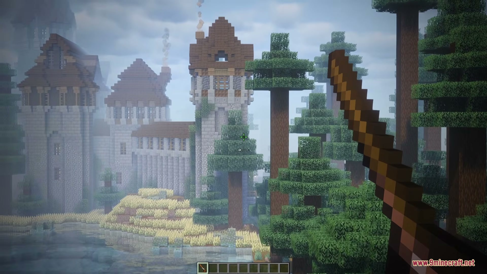 Modular Muskets Mod Screenshot 3 A player holding a wooden musket part near a large foggy castle
