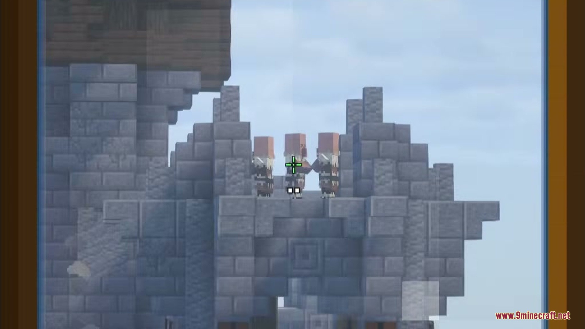 Modular Muskets Mod Screenshot 7 Three villagers standing on a stone structure seen through a zoomed scope