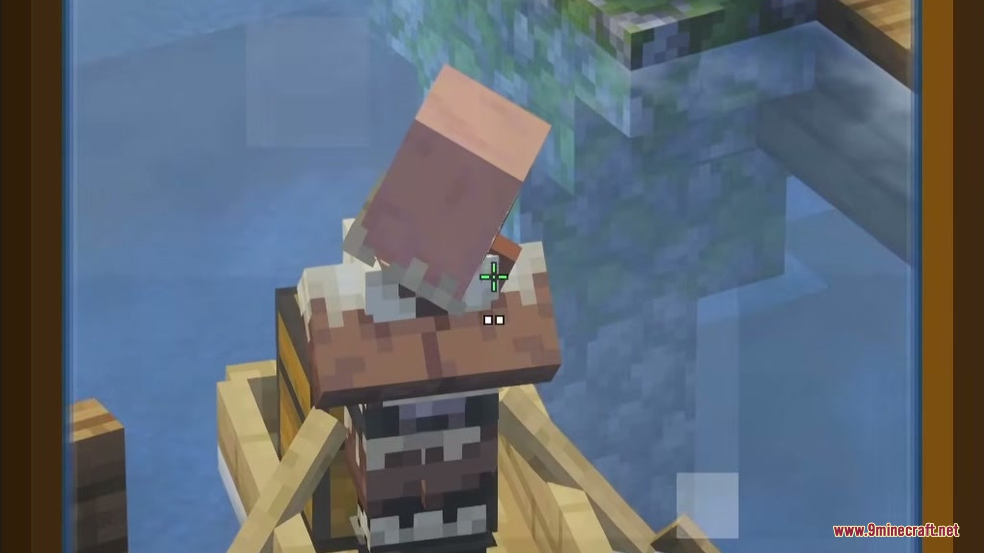 Modular Muskets Mod Screenshot 8 A villager sitting in a wooden boat targeted by a player crosshair