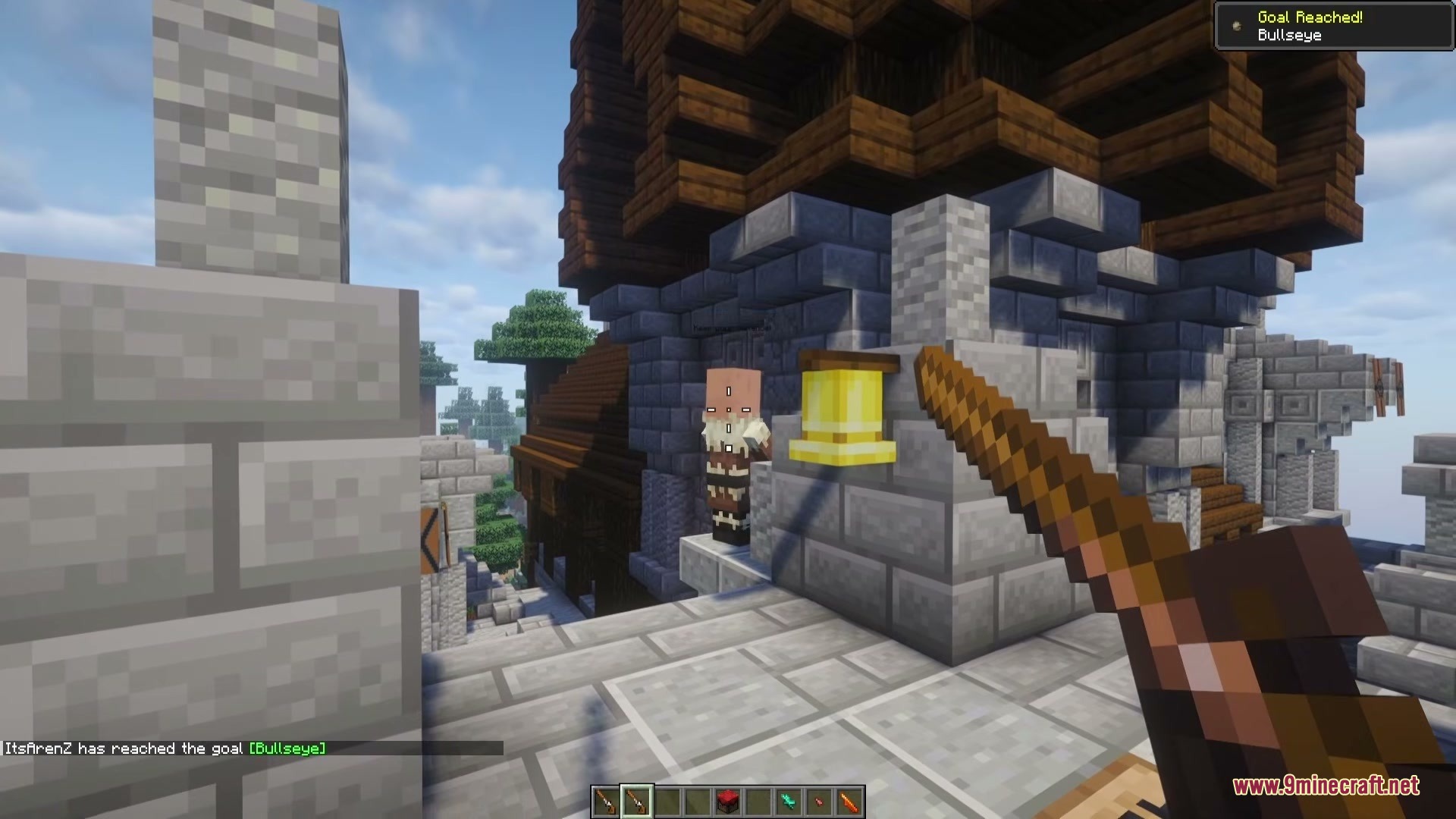 Modular Muskets Mod Screenshot 9 A player aims a custom musket at a villager near a golden bell