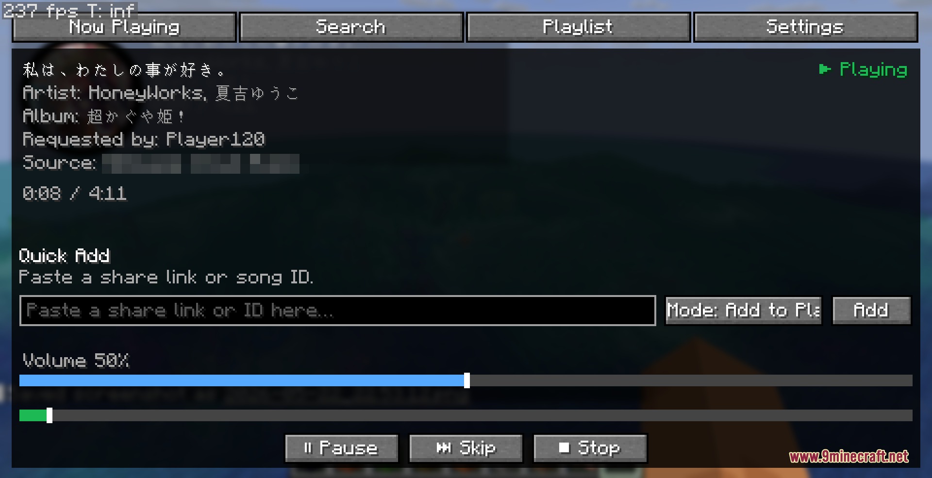 Moe Music Mod Screenshot 2 Detailed music player menu with playback controls and search bar in Minecraft
