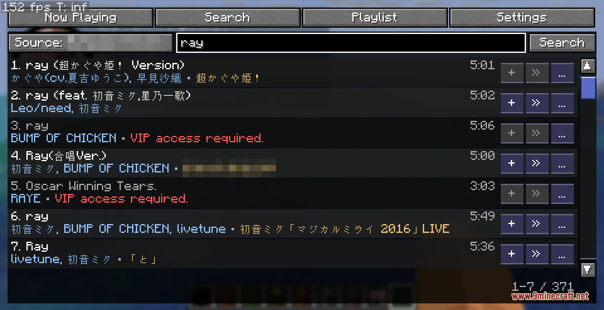 Moe Music Mod Screenshot 3 A music search menu in Minecraft showing a list of available songs