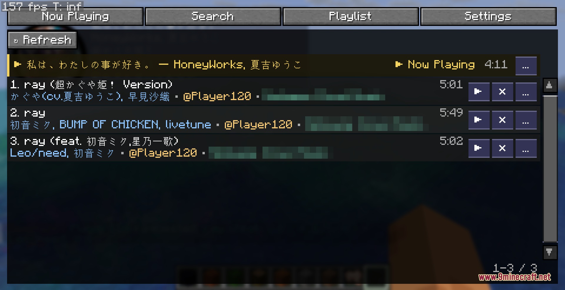 Moe Music Mod Screenshot 4 A playlist screen in Minecraft displaying selected tracks and current music information