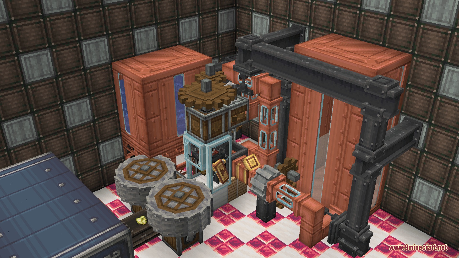 Molecular Kinetic Synthesis Mod Screenshot 1 Mechanical mixer and copper tanks automating chemical production in a large factory