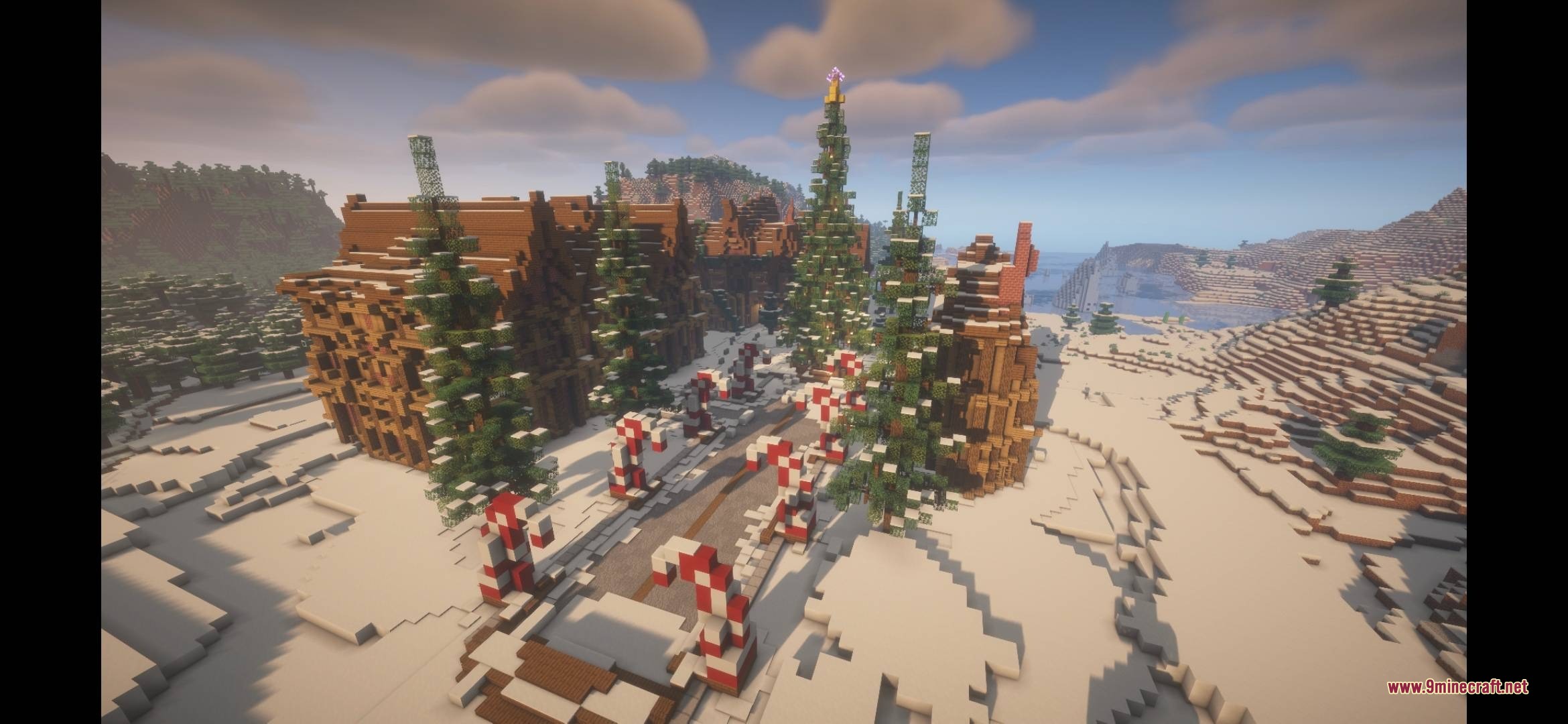 Moog's Seasonal Expansion a Moogmas Miracle Data Pack Screenshot 1 Aerial view of a festive winter village with giant candy canes and trees
