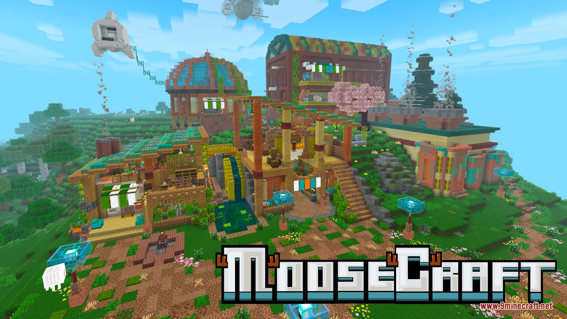 Moose Blocks Resource Pack Screenshot 1 A vibrant Minecraft village showcasing the clean and artistic MooseCraft resource pack textures