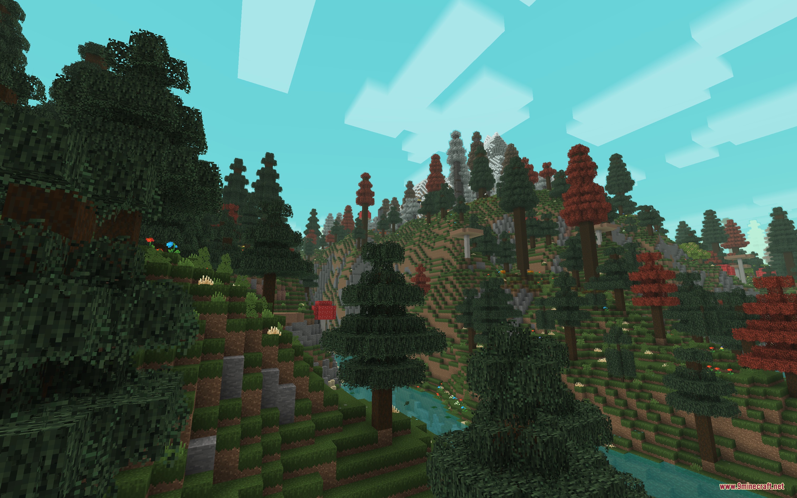 Moose Blocks Resource Pack Screenshot 2 A scenic Minecraft forest with tall pine trees and a river flowing through hills