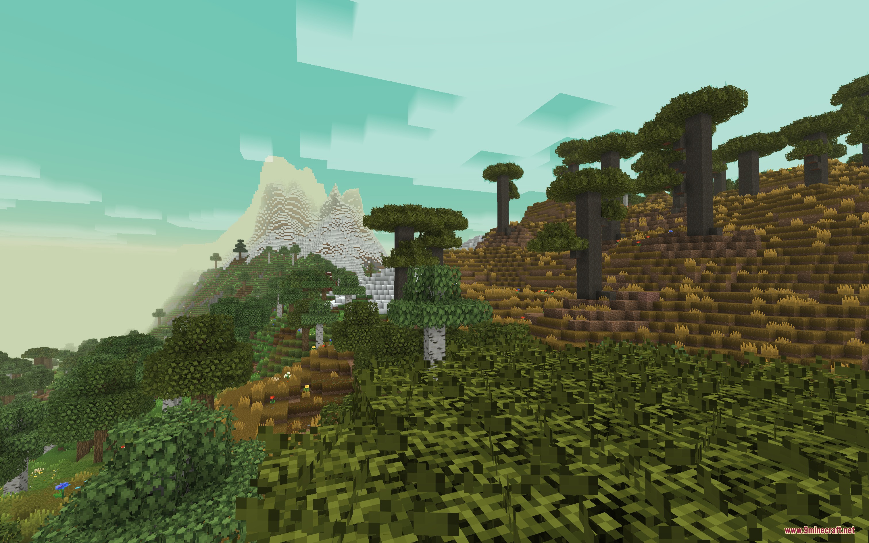 Moose Blocks Resource Pack Screenshot 3 Moose Blocks Resource Pack features a clean savanna landscape with snowy mountains