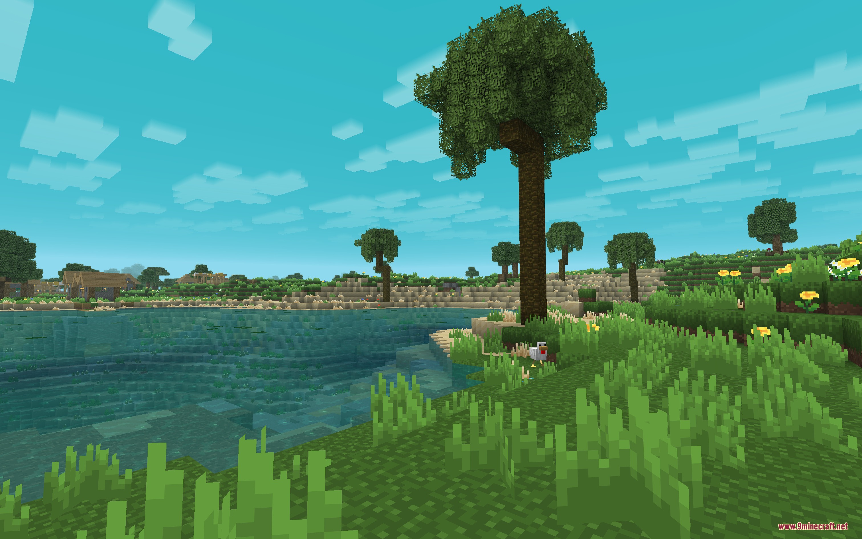 Moose Blocks Resource Pack Screenshot 6 A chicken stands on the grass near a lake with minimal block textures