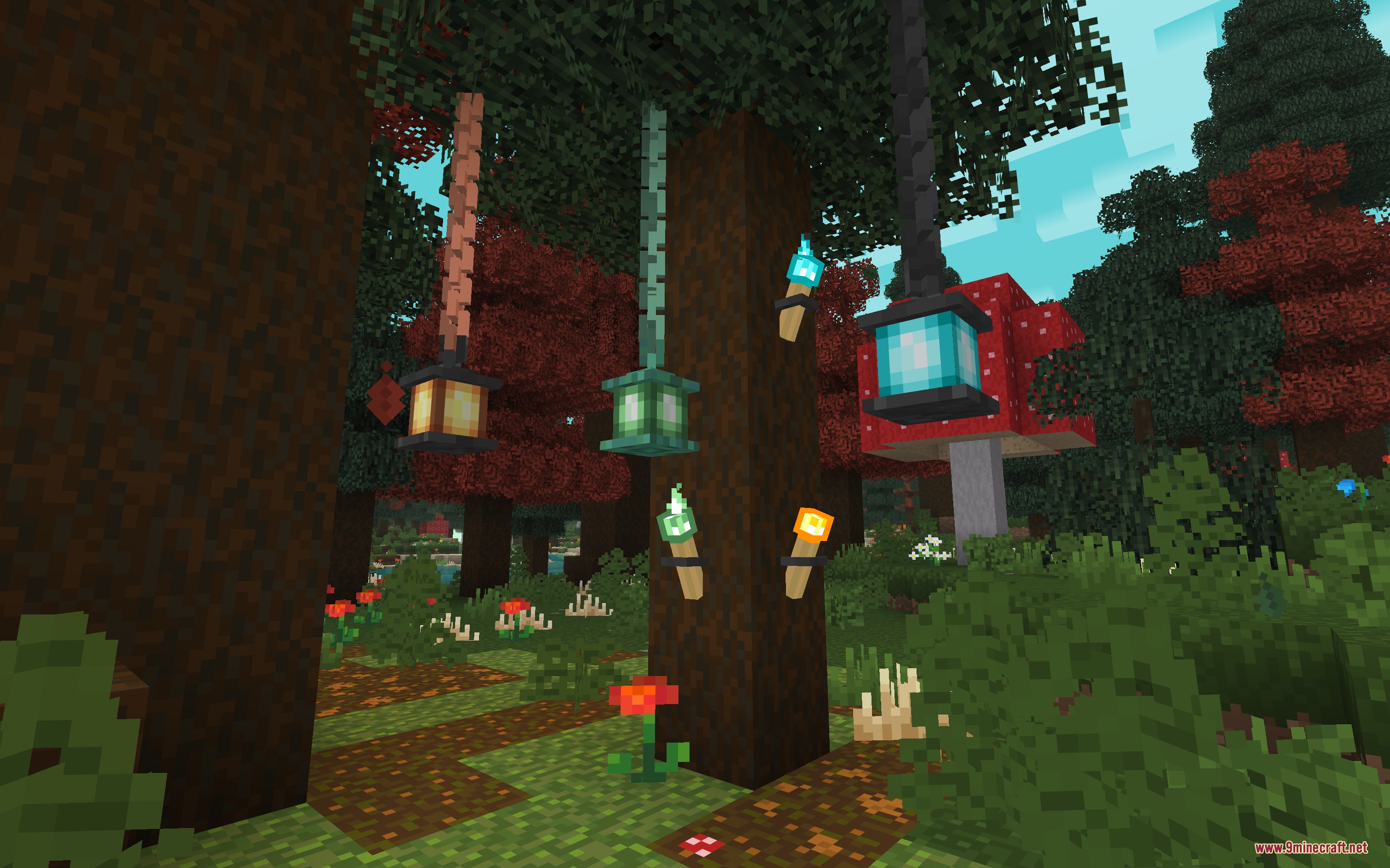 Moose Blocks Resource Pack Screenshot 8 Custom lanterns and torches with detailed models hanging from trees in a forest