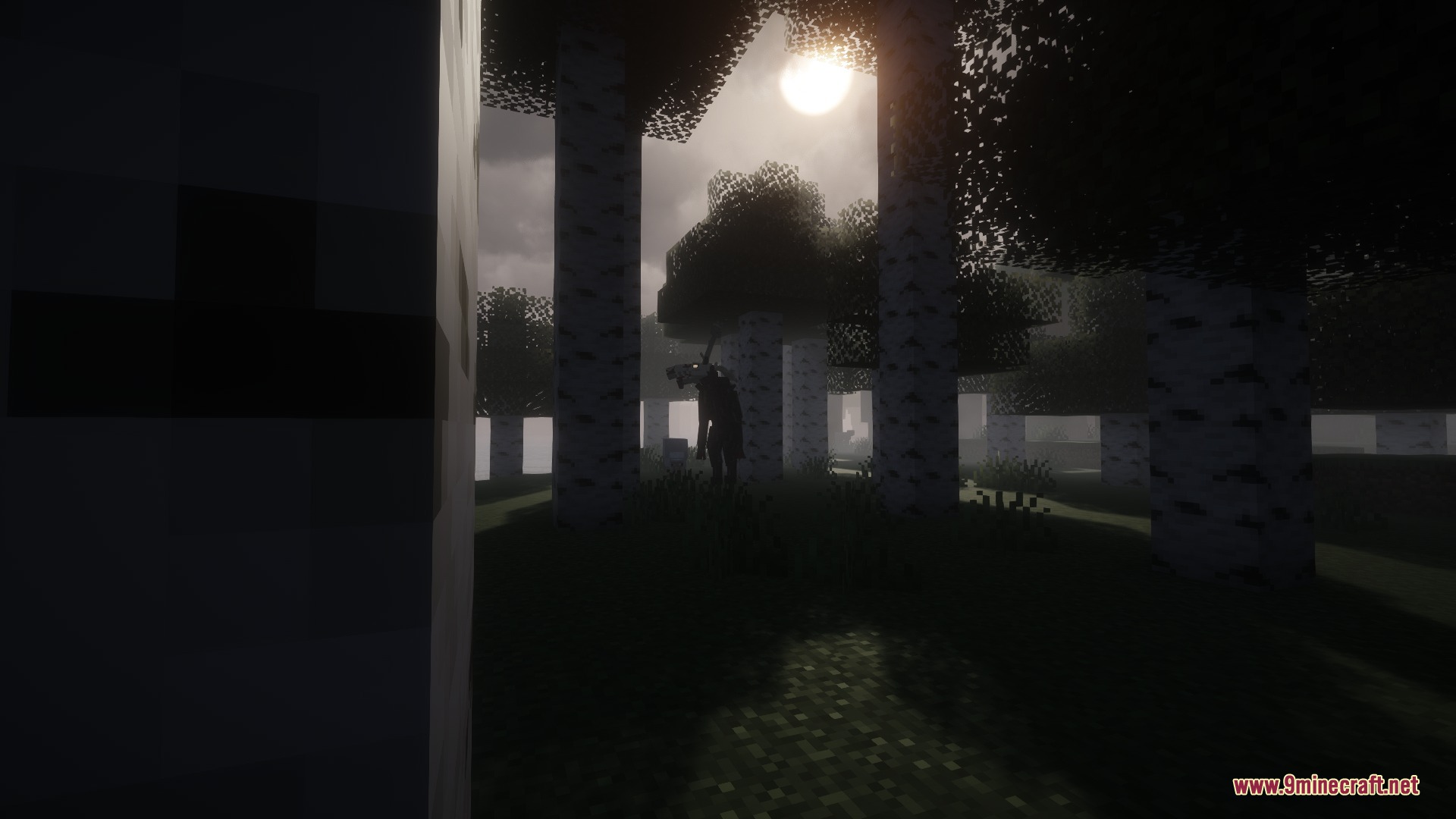 Mooseman Mod Screenshot 2 A tall dark creature stalking the player through a foggy birch forest