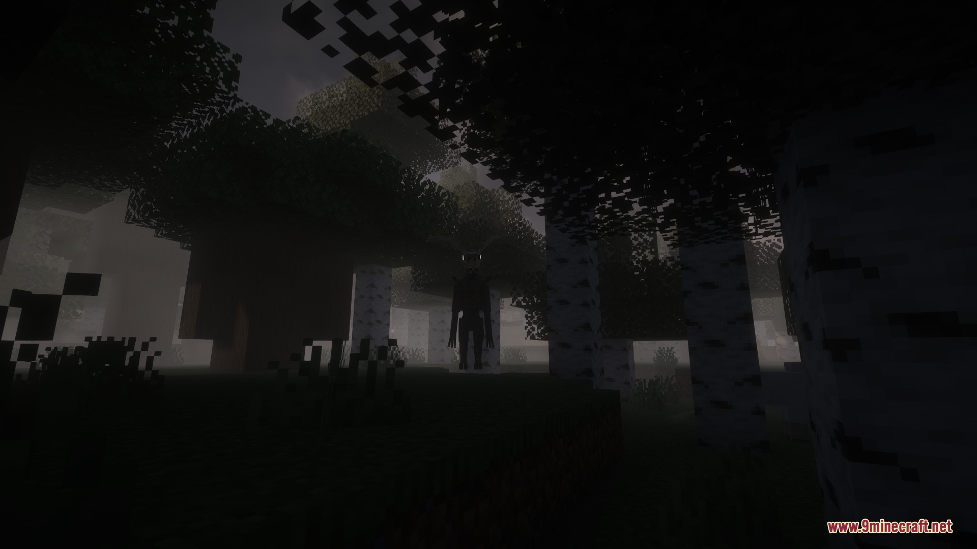 Mooseman Mod Screenshot 4 The Mooseman monster with antlers stands in a dark foggy birch forest