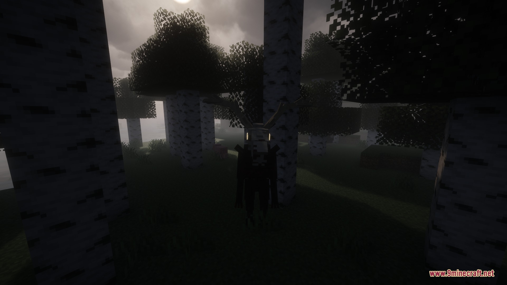 Mooseman Mod Screenshot 5 A tall antlered creature stands among birch trees in a dark forest