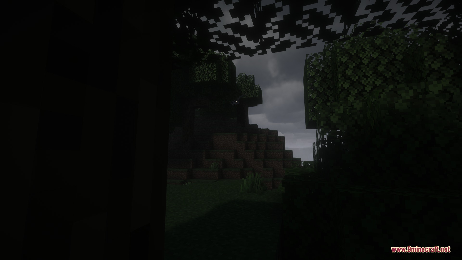 Mooseman Mod Screenshot 7 A mysterious tall figure with glowing eyes watches from the dark forest trees