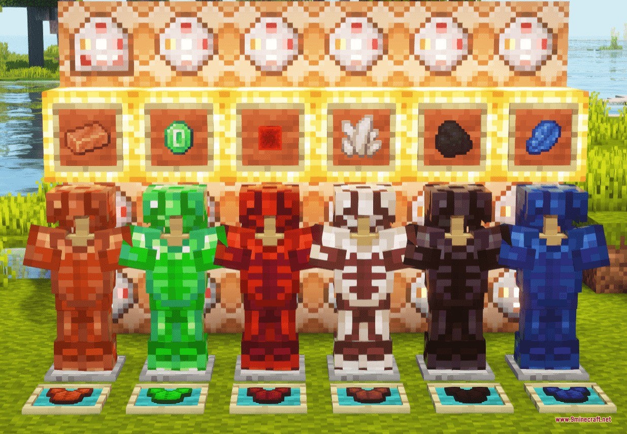More Armor and Tools Data Pack Screenshot 1 Armor stands displaying gear sets from the More Armor and Tools Data Pack