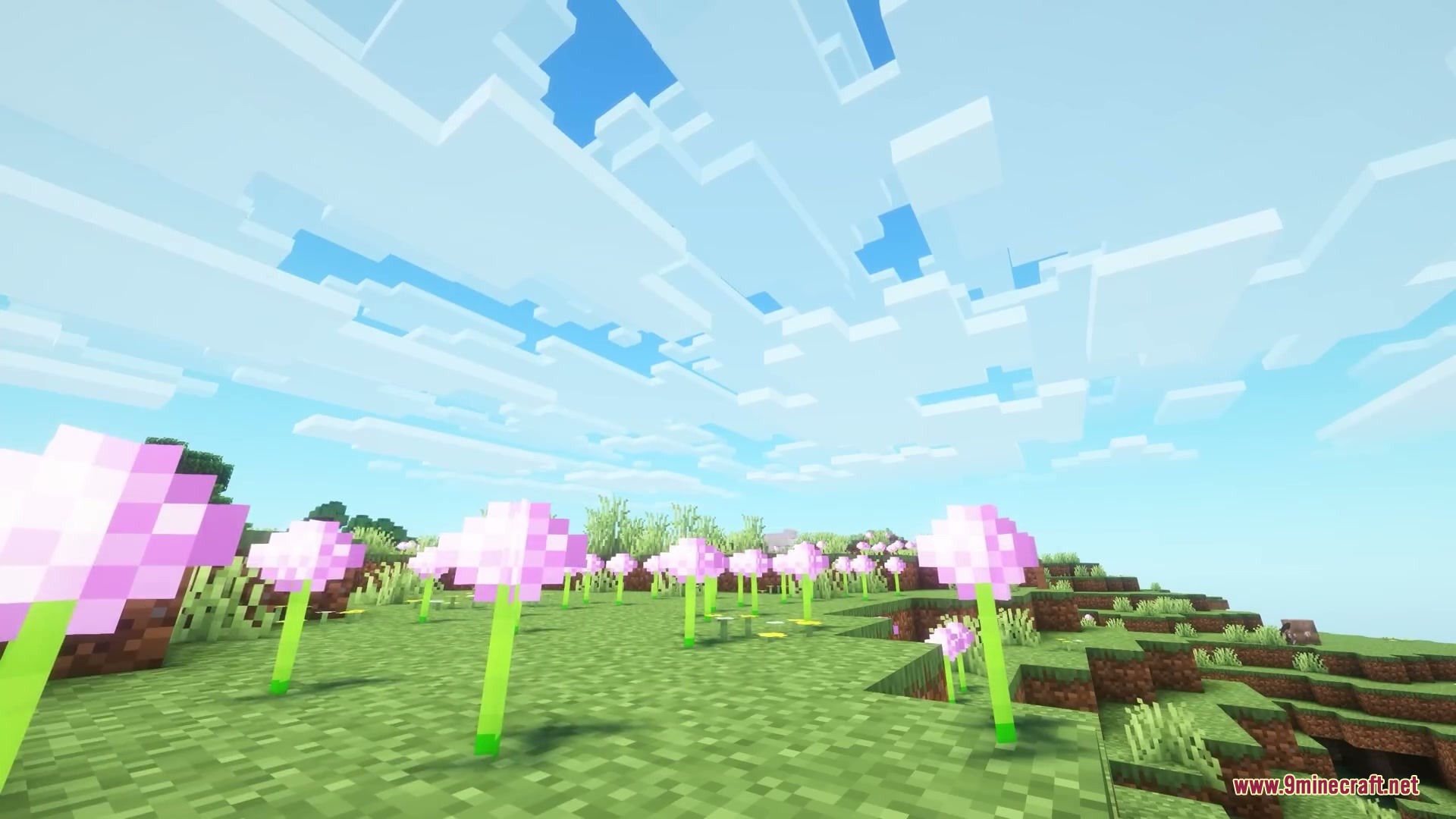 More Cloud Layers Mod Screenshot 2 Pink flowers bloom in a grassy field under several layers of clouds