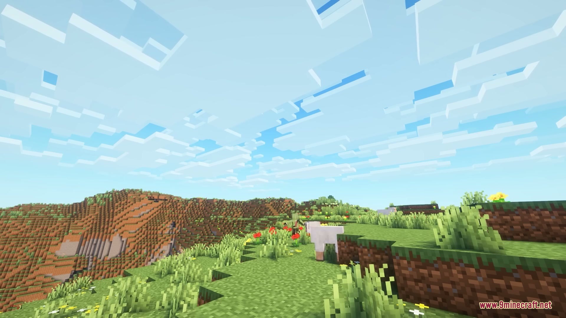 More Cloud Layers Mod Screenshot 7 A white sheep grazing on a green hill beneath several layers of clouds