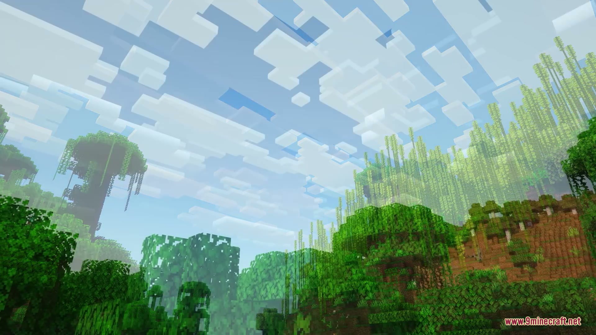 More Cloud Layers Mod Screenshot 8 Tall jungle trees and bamboo grow under a sky with multiple cloud layers
