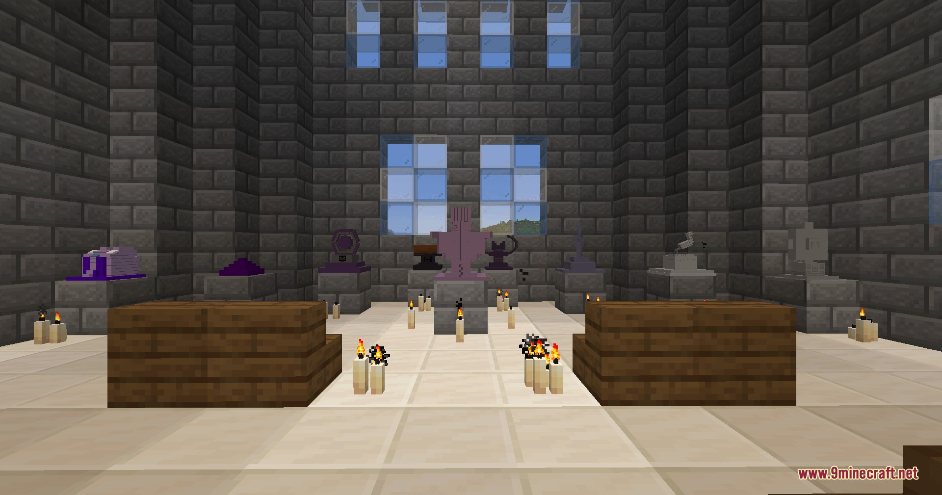 More Divines Mod Screenshot 1 A stone brick room filled with ancient shrines and glowing candles