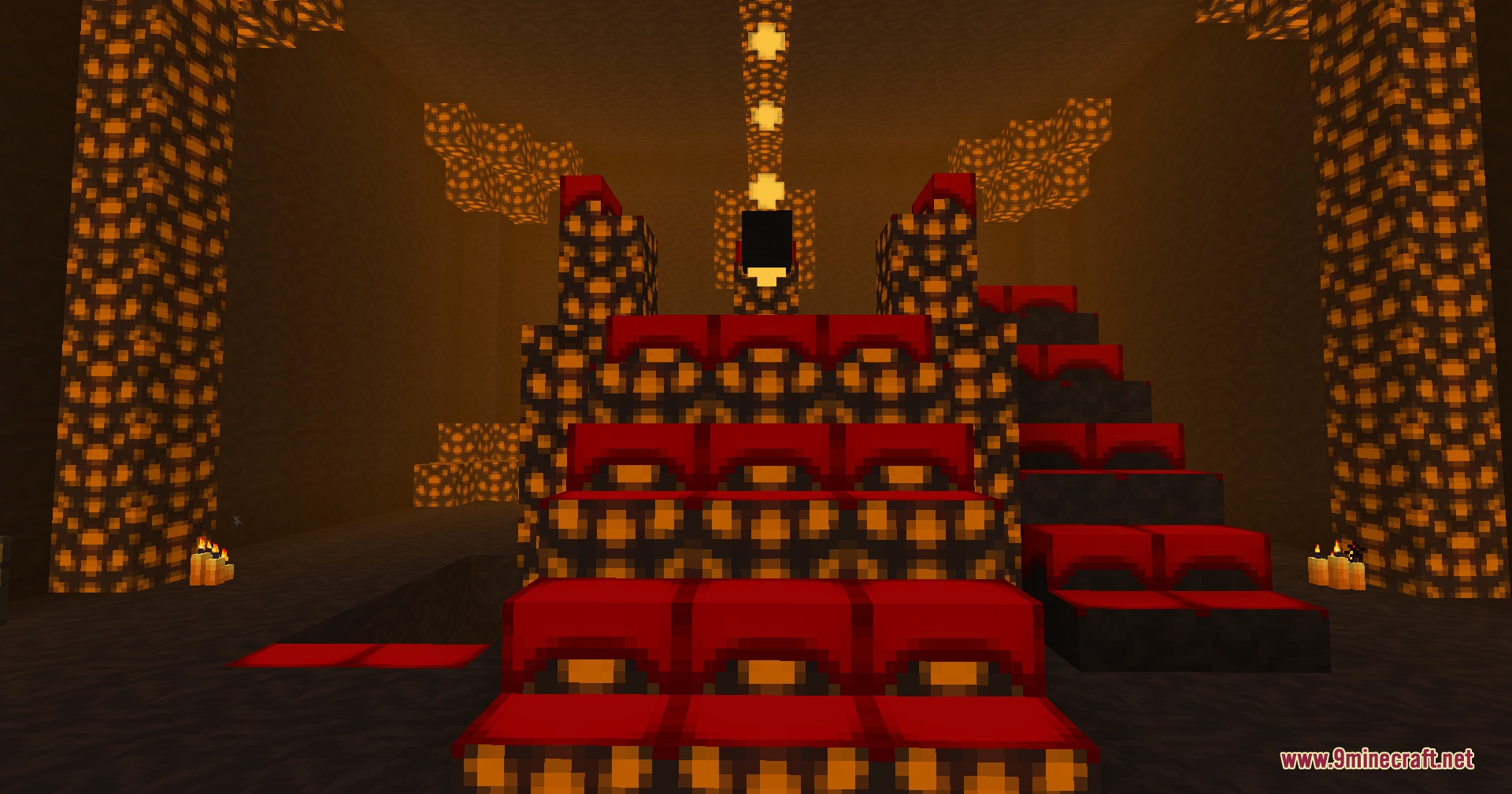 More Divines Mod Screenshot 2 A dark room featuring red seating and glowing blocks on the walls