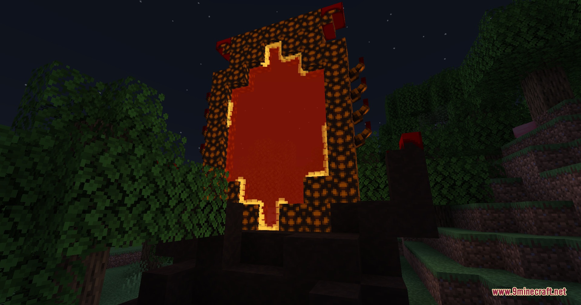 More Divines Mod Screenshot 3 A large glowing red Oblivion Gate stands in a dark forest at night