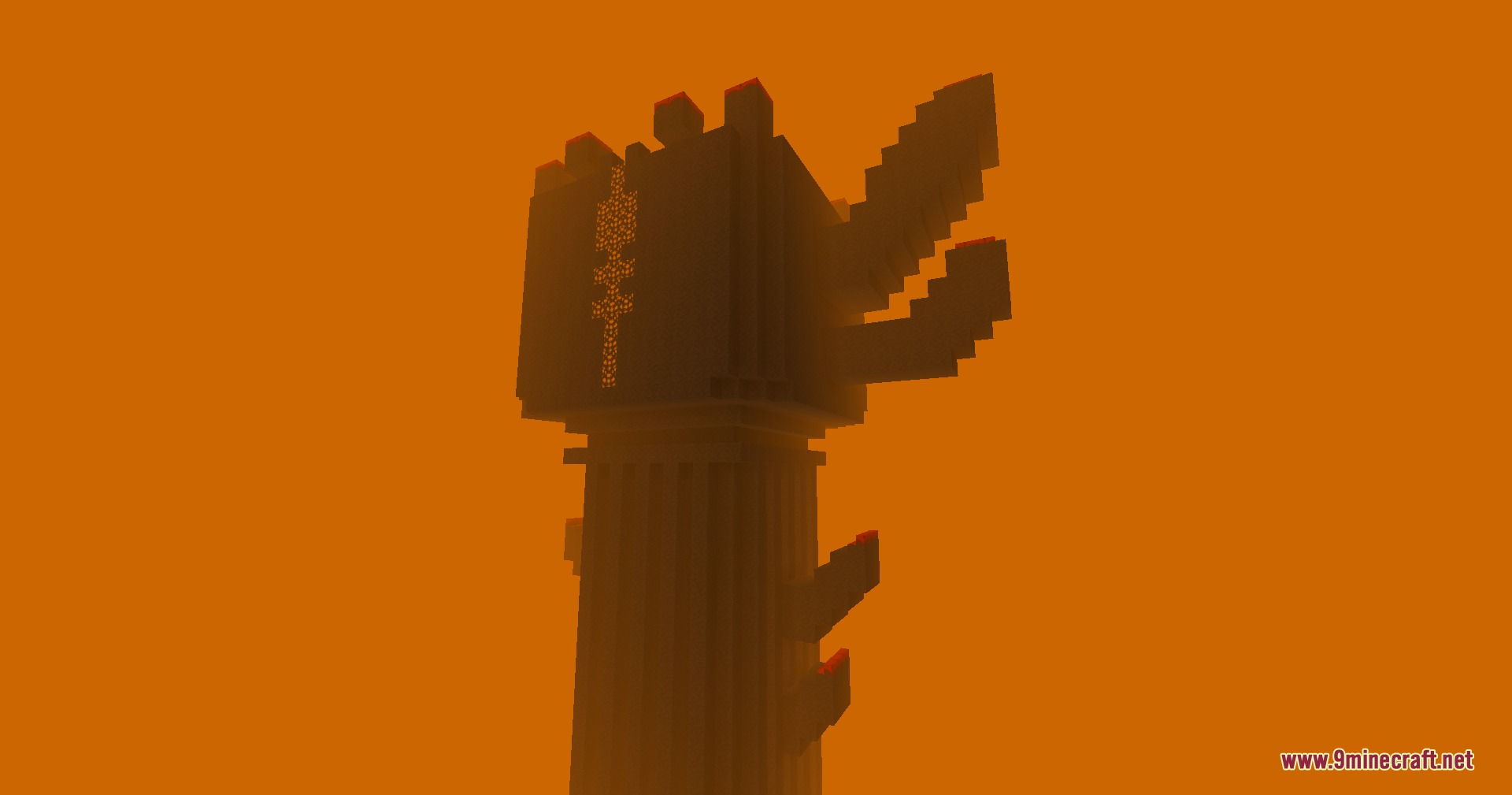 More Divines Mod Screenshot 4 A massive dark tower rises into a thick orange foggy sky in Minecraft