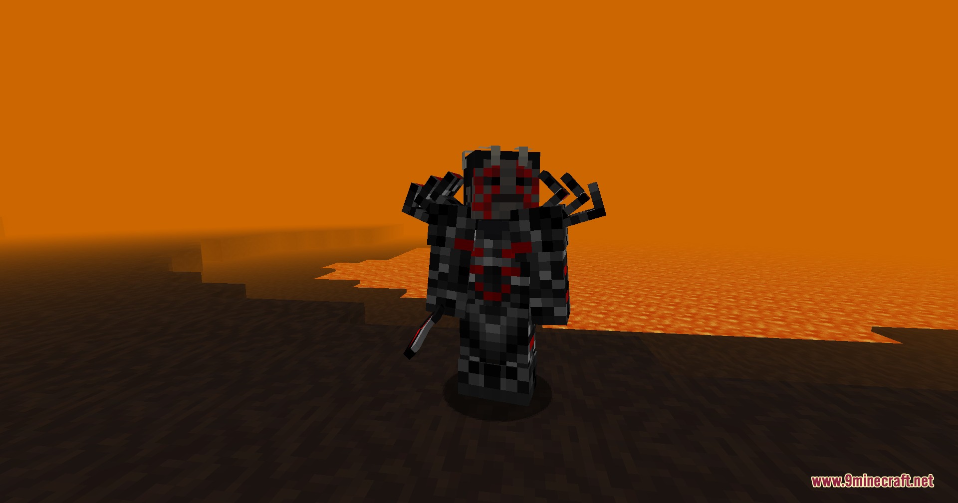 More Divines Mod Screenshot 6 A player wearing dark Daedric armor stands beside a pool of lava