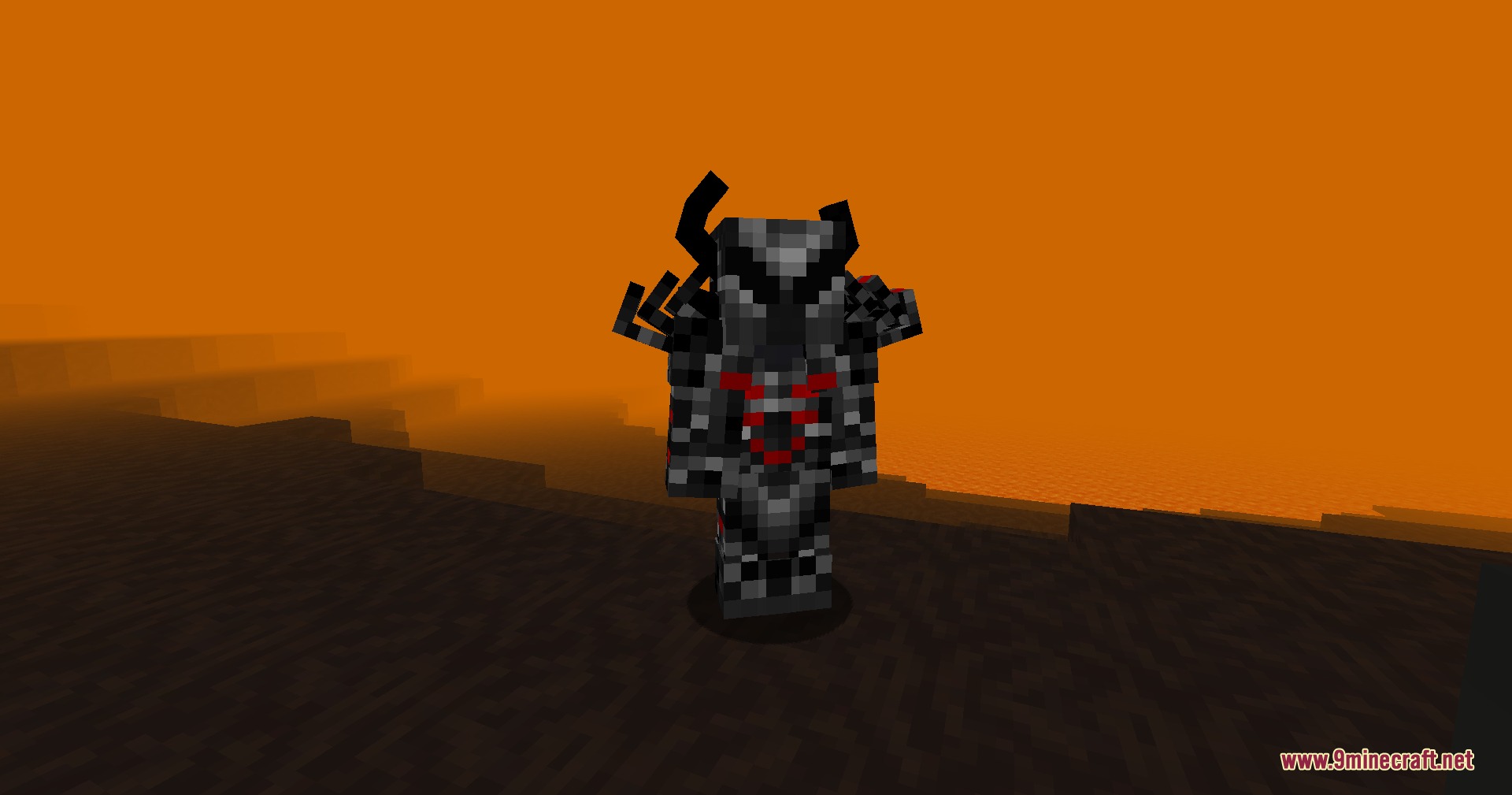 More Divines Mod Screenshot 7 A player wearing heavy Daedric armor stands in the fiery Deadlands dimension