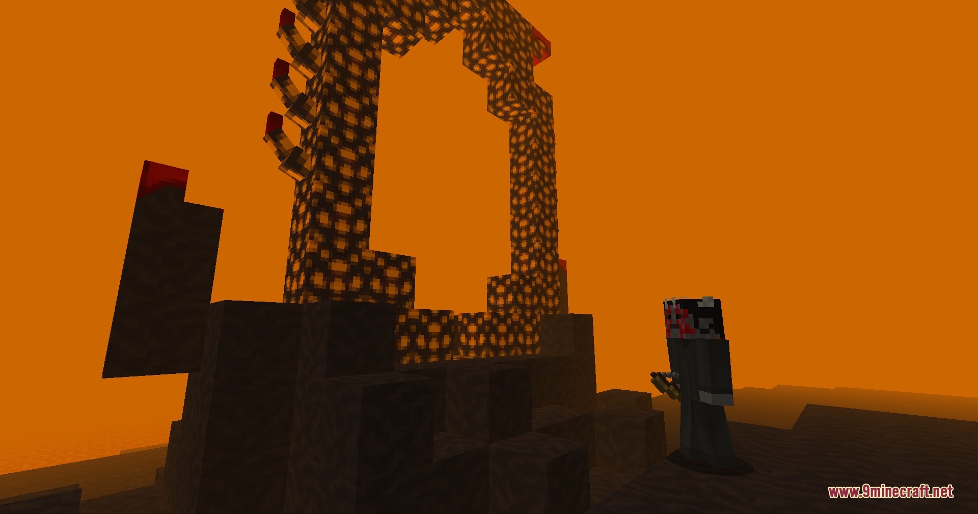 More Divines Mod Screenshot 8 A character stands next to a glowing Oblivion Gate in a dark world