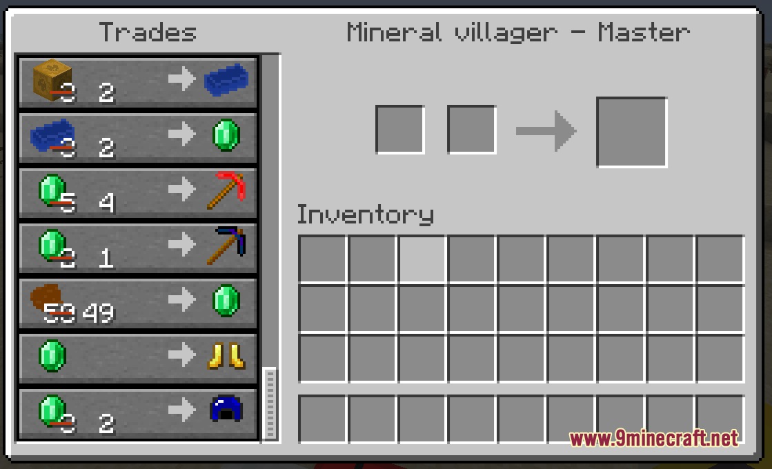 More Oress Mod Screenshot 2 A Mineral villager trading interface showing custom ores and armor items