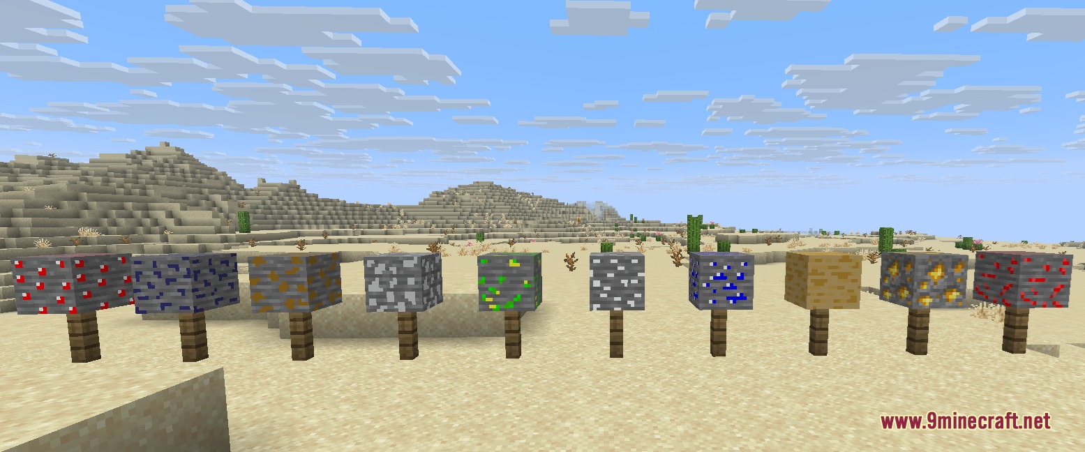 More Oress Mod Screenshot 6 A row of ten new ore blocks displayed in a desert biome