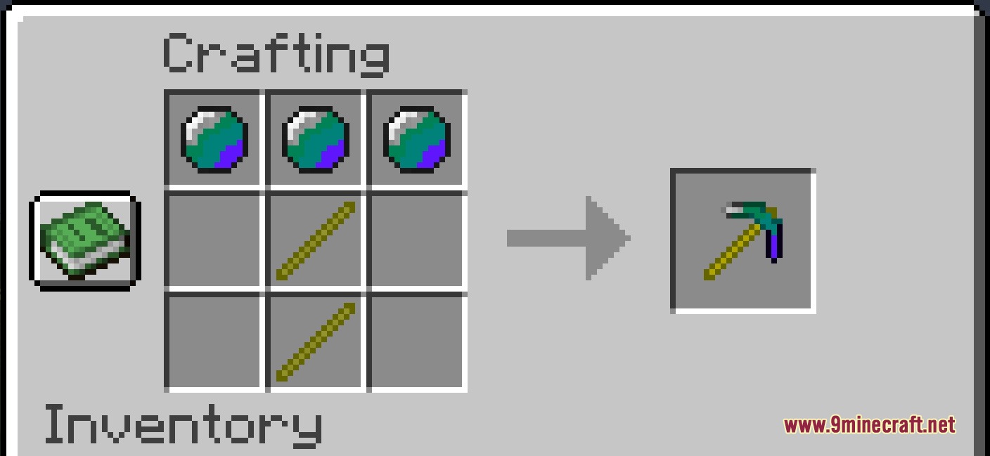 Crafting recipe for a custom Ender pickaxe using special items and golden sticks