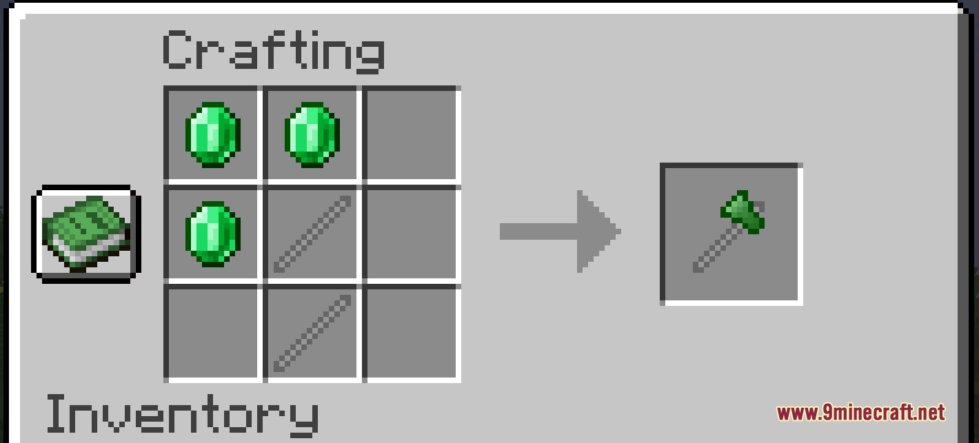 Crafting recipe for an emerald axe using emerald gems and iron sticks