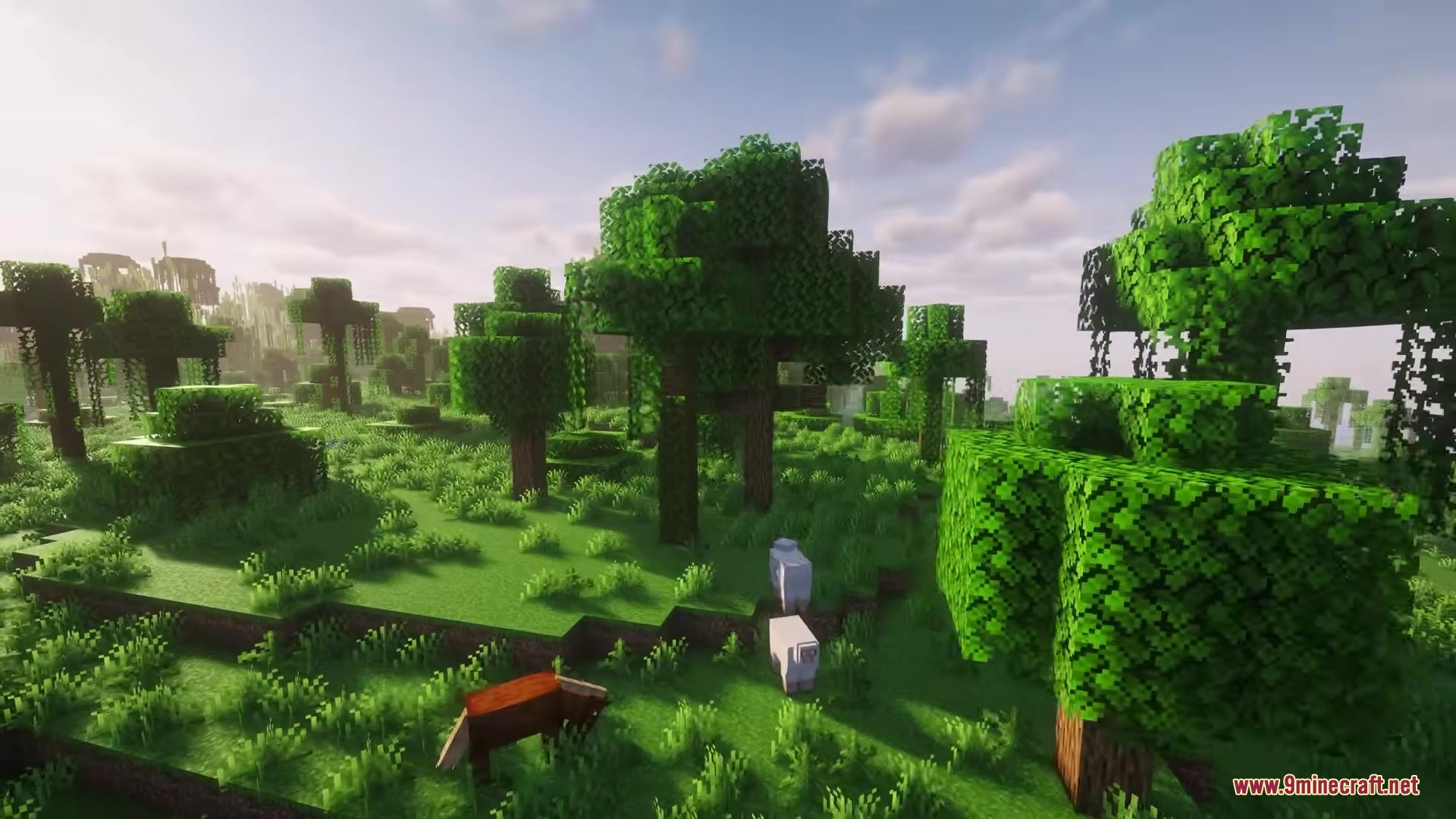 More Tree Sizes Mod Screenshot 1 Giant oak trees tower over a fox and sheep in a sunny forest