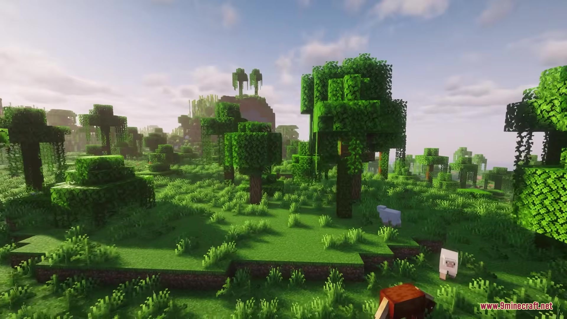 More Tree Sizes Mod Screenshot 2 A fox and sheep wander through a forest filled with massive oak trees
