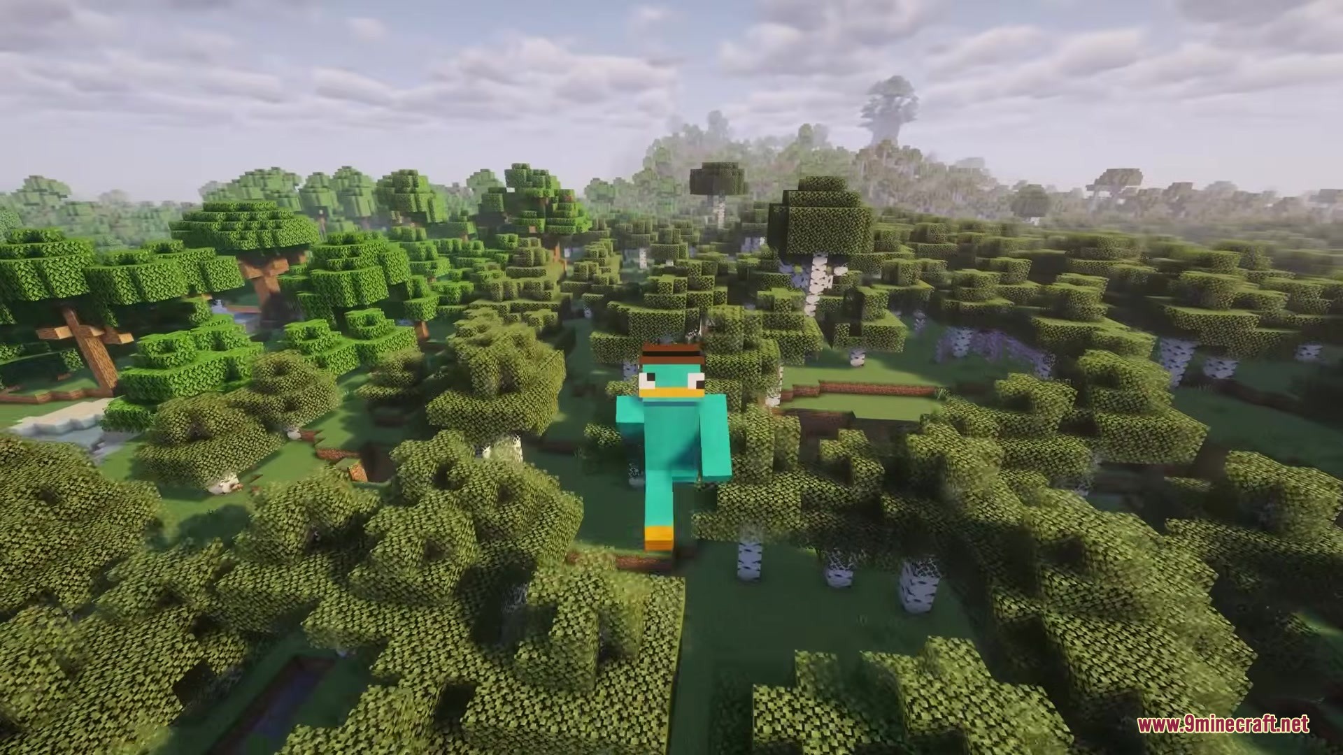 More Tree Sizes Mod Screenshot 4 A player wearing a Perry the Platypus skin flies over a dense forest