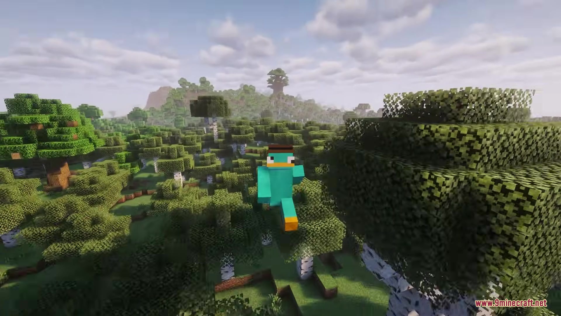 More Tree Sizes Mod Screenshot 5 Player wearing a platypus skin jumping over a forest with a giant tree
