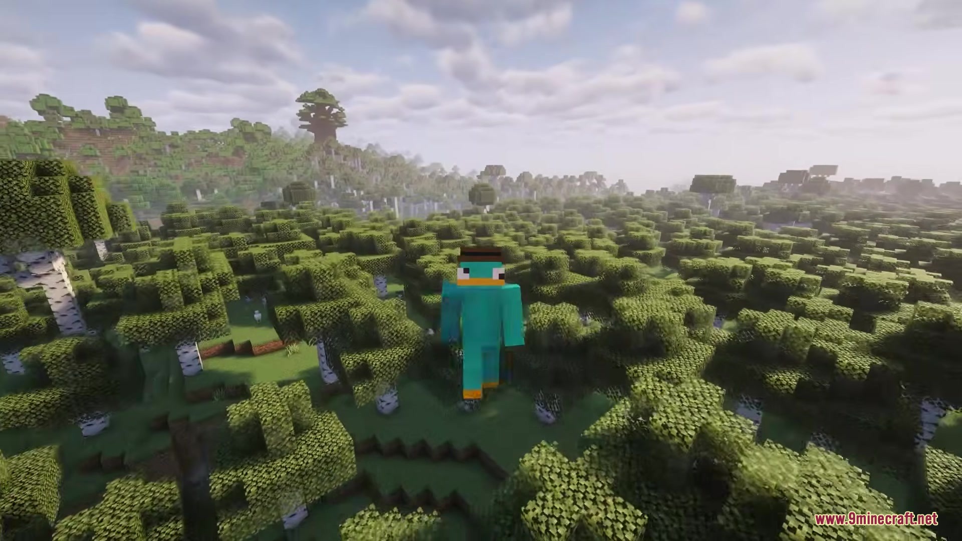More Tree Sizes Mod Screenshot 6 A platypus character jumps through a forest featuring a massive tree in the background