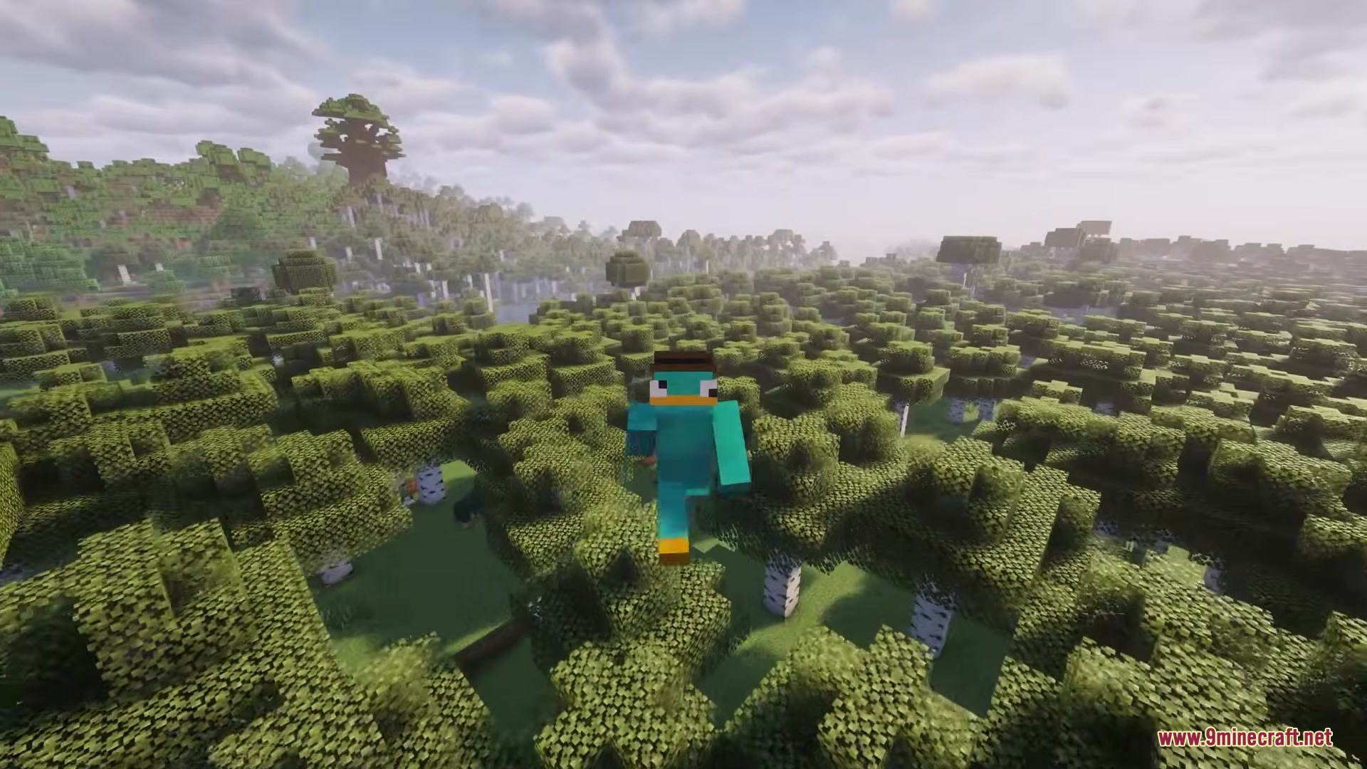 More Tree Sizes Mod Screenshot 7 Player in a platypus skin flying above a forest of giant trees