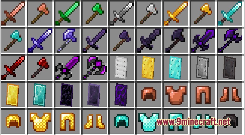 More Upgrade Template 更多锻造模板 Mod Screenshot 1 Inventory grid displaying new tools and armor from More Upgrade Template mod