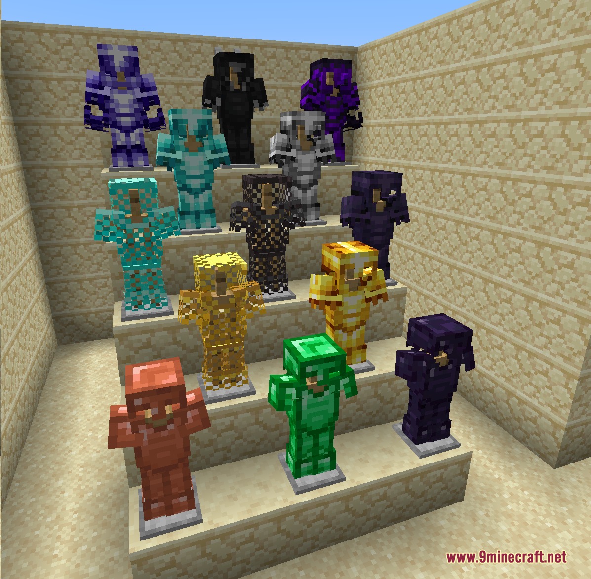 More Upgrade Template 更多锻造模板 Mod Screenshot 2 Armor stands showcasing multiple sets of upgraded gear in a sandstone room